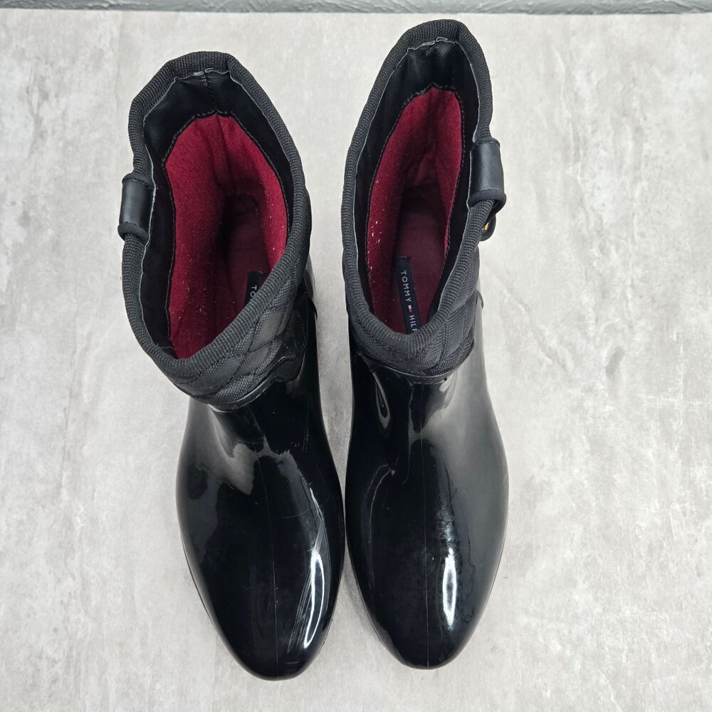 Tommy Hilfiger Rain Boots Black Quilted Outdoor Rubber Winter Ankle Booties Sz 8 - Picture 2 of 12